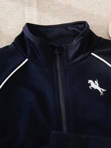 SHEIN Playful Pals Boys Casual Embroidered Contrast Stripe Zip-Up Top And Sweatpants Set, Autumn/Winter Fall