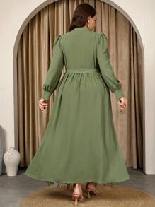 Graceveil Đầm suông dài tay màu trơn cỡ lớn có dây buộc eo thanh lịch thường ngày - xanh quân đội - Xem 2