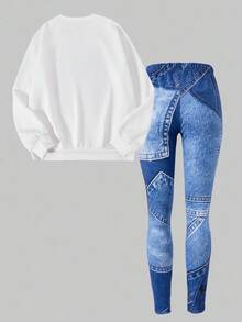 SHEIN Explorewe 2 piezas Conjunto informal y de moda para niñas preadolescentes con sudadera de cuello redondo de manga larga cómoda con estampado de estrellas y pantalones pitillo con efecto de mezclilla, para otoño/invierno - Multicolor - Ver 4