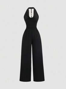 INAWLY 女式黑色低胸无袖连体裤（腰部收紧） - 黑色 - 查看 1