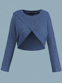 Sweetra 大码罗纹不对称设计上衣 + 细肩带褶皱开叉撞色连衣裙两件套，秋冬 - 彩色 - 查看 6