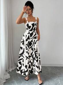 SHEIN Clasi Váy xòe họa tiết hình học đơn giản, thoải mái, dây mảnh, dáng rộng, mùa hè dành cho nữ - Đen và trắng - Xem 5