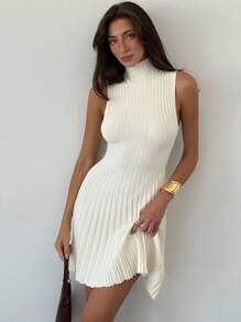 Aloruh Minimalist Stand Collar Sleeveless A-Line Mini Ribbed Knit Dress For Women,Fall - White - View 2