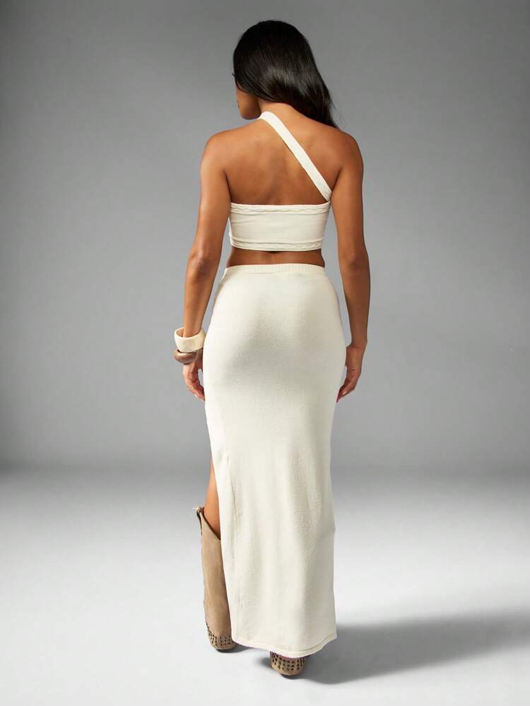 MISSGUIDED Set coordinato in due pezzi con top corto lavorato a maglia e gonna lunga maxi, con design asimmetrico a una spalla, adatto per vacanze occidentali, spiaggia, feste, festival ed eventi estivi