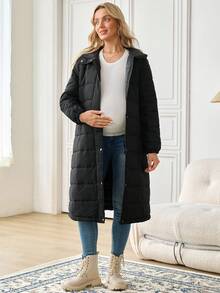 SHEIN 孕妇纯色长袖拉链长款连帽休闲冬季夹克 - 黑色 - 查看 7