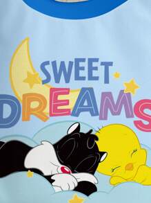 LOONEY TUNES X SHEIN Sudadera de cuello redondo de manga larga con estampado de letras y dibujos animados para bebé niño - Blanco - Ver 3