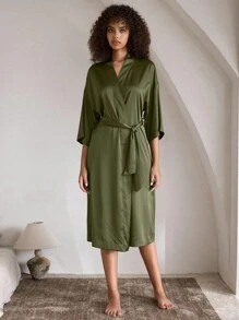 Ocili Leisure Comfortable Silky Waffle Robe With Tie, Soft Mid-Sleeve Ladies Nightgown Babydoll Luxeloungewear