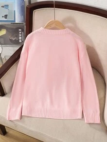 SHEIN Tween Girl Loose Casual Minimalist Comfortable Round Neck Pullover Sweater With Bow Design Fall Winter - Baby Pink - View 2