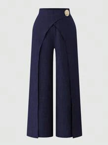 SHEIN LUNE 女士优雅通勤休闲连衣裙，欧美风格，畅销仿牛仔面料，重叠二合一设计，腰部夸张金属扣装饰，侧拉链方便穿着，春夏季休闲时尚设计，适合休闲聚会、日常通勤等场合，风格独特，性价比高 - 藏蓝色 - 查看 3