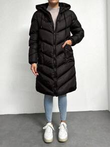 EURMUSE Women's Hooded Drawstring Padded Jacket - Black - View 3