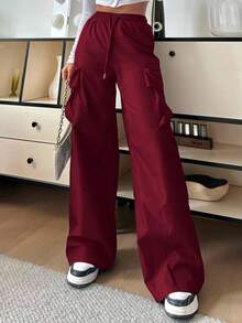 SHEIN EZwear 女士休闲纯色高腰阔腿裤 - 酒紅色 - 查看 5