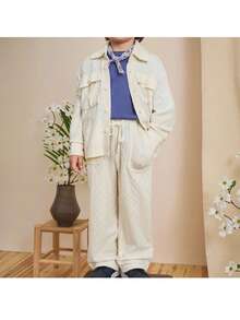 Loomiva 2pcs Young Boy Solid Color Knit Soft Collar Cardigan And Elastic Waist Pants Set Fall Winter - Beige - View 1
