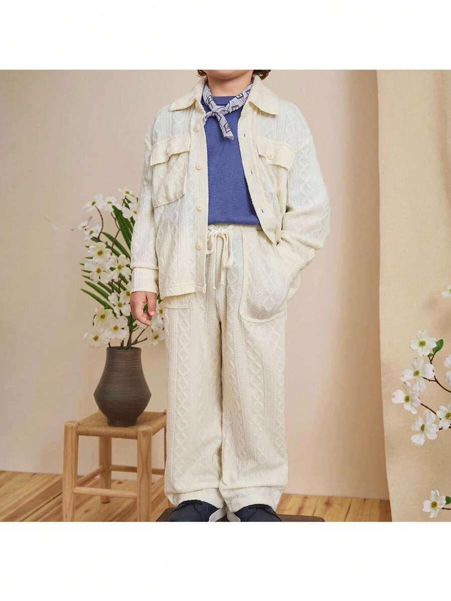 Loomiva 2pcs Young Boy Solid Color Knit Soft Collar Cardigan And Elastic Waist Pants Set Fall Winter - Beige - View 1