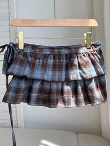 Comfortcana 女式休闲格子荷叶边下摆迷你裙，夏季 - 彩色 - 查看 3