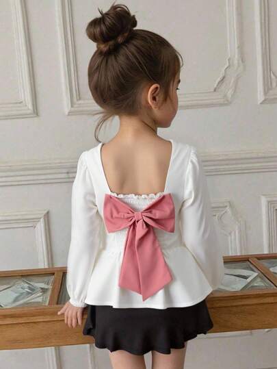 Elladie kids Young Girl' Colorblock Bow Long Sleeve Shirt Girls White Bow Blouse Girls White Bow Shirt Girls Bow Top Big Bow Shirt Young Girls Girls Bow Blouse Bow Top For Girls Little Girl Blouse White Top With Bows Fall Winter