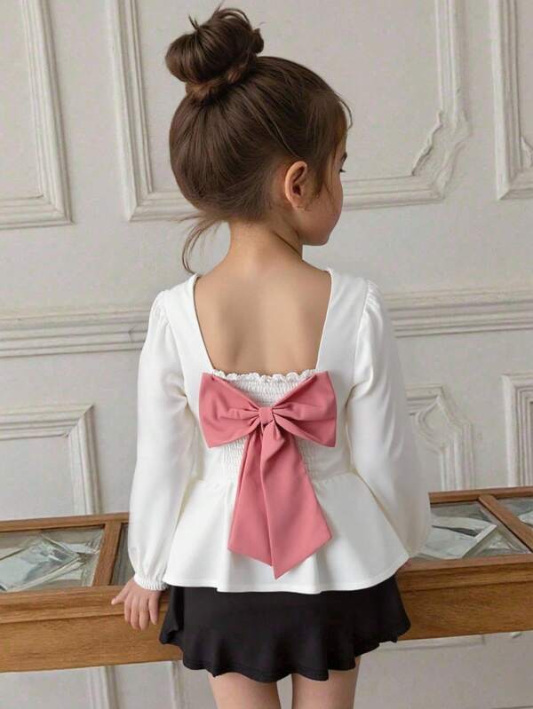 Elladie kids Young Girl' Colorblock Bow Long Sleeve Shirt Girls White Bow Blouse Girls White Bow Shirt Girls Bow Top Big Bow Shirt Young Girls Girls Bow Blouse Bow Top For Girls Little Girl Blouse White Top With Bows Fall Winter