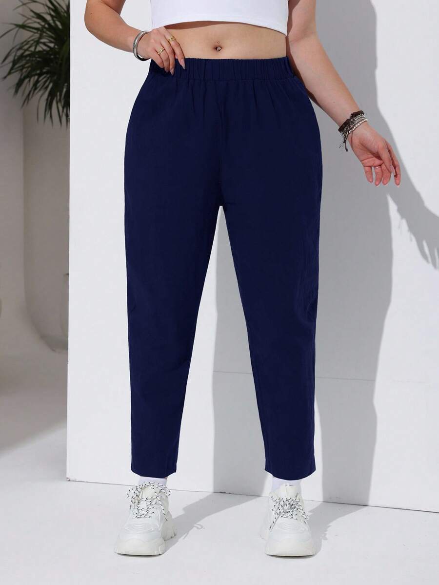 SHEIN EZwear Plus Size Casual Versatile Navy Blue Tapered Pants Plus Size Navy Blue Pants Plus Size Joggers Women Casual Pants Navy Blue Elastic Waist Pants Blue Plus Size Pants