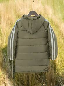 SHEIN 儿童/青少年男童休闲运动拼布派克大衣，厚连帽中长款梭织棉服，适合通勤、上学、日常休闲、旅行、运动、春夏秋冬 - 軍綠色 - 查看 7