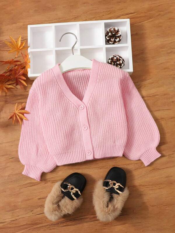 SHEIN Baby Girls' Solid Color Minimalist Everyday Knit Cardigan,In Fall/Winter