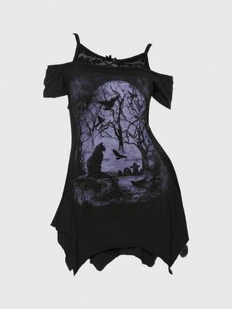 Goth Maglietta da donna a maniche corte, stile gotico, con scollo asimmetrico, patch in pizzo, motivo di corvi e alberi morti nella foresta scura, maniche aperte sulle spalle