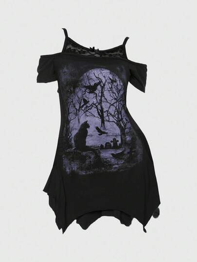Gothic Dark Forest Crow & Dead Tree Pattern Off Shoulder Strap Asymmetrical Hem Lace Patchwork Black Gothic Vine Short Sleeve Open Shoulder Women T-Shirt