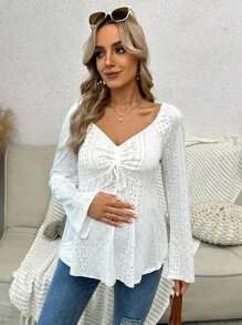 SHEIN 孕妇休闲镂空刺绣修身前抽绳长袖T恤，秋季 - 白色 - 查看 7