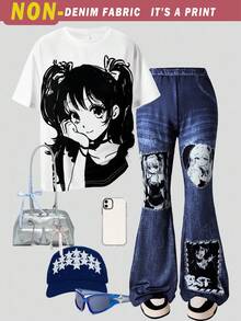 2pcs/Set Cartoon Girl Print Casual Minimalist Short Sleeve Top And Pants For Teen Girls - White - View 3