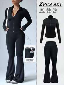 Dewbera 女式简约纯色拉链夹克和高腰喇叭裤运动套装 - 黑色 - 查看 1