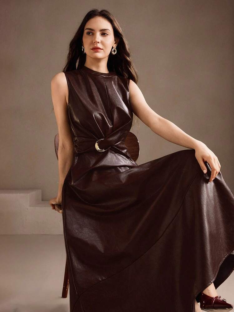 Women's Elegant Round Neck Twist Waist Sleeveless Dress, Wedding Guest Dress