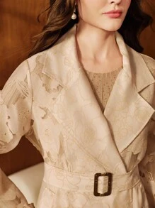 Anewsta 优雅束腰长袖喇叭形系带玫瑰烂花女式风衣，露肩，商务休闲，秋冬 - 彩色 - 查看 5