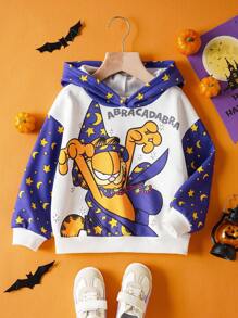 GARFIELD | SHEIN Young Girl Cute Cartoon Pattern Dropped Shoulder Loose Long Sleeve Knit Oversized Hooded Sweatshirt, Halloween - Purple - View 1