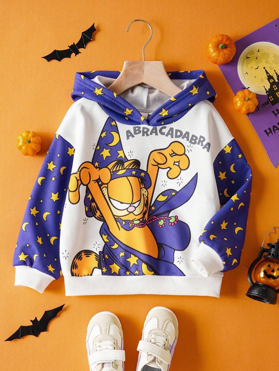 GARFIELD | SHEIN Young Girl Cute Cartoon Pattern Dropped Shoulder Loose Long Sleeve Knit Oversized Hooded Sweatshirt, Halloween - Purple - View 1