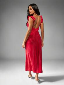 MISSGUIDED Vestido midi de lino con volantes en los hombros, escote de corazón, abertura lateral, a rayas, para verano, primavera, vacaciones, resort, uso nocturno y fiestas