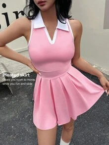 Sovereign Charm 女式拼色领口无袖褶皱运动连衣裙 - 粉色 - 查看 4