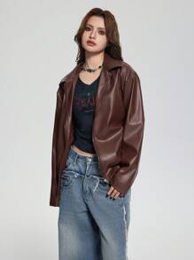 Sparklyn Chaqueta con cremallera y solapa de estilo punk para mujer, otoño/invierno - Marrón Chocolate - Ver 6