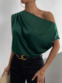 Chiquease Solid Asymmetrical Neck Satin Blouse One Shoulder Top
