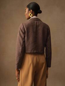 Vesra 纽扣装饰毛绒纹理面料不对称翻领长袖现代女式夹克 - 棕色 - 查看 2