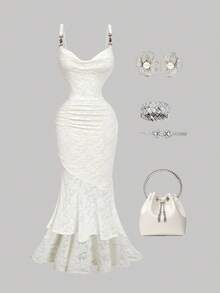 SHEIN MOD Glamorous Retro Flounced Lace Floral Mermaid Dress With Gathered Details And Metal Accents - Perfect For Dates, Parties, And Holidays, Suitable For Western Style, Ball Gowns, And Tea Party Attire,Halloween Clothes,Halloween Clothes,Wedding Guest Dress Women,Concert Outfits For Women,Fairycore