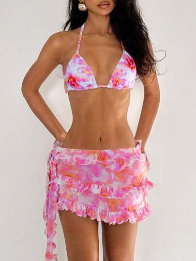 EgrlEra 3件套女士夏季海滩性感扎染渐变色印花比基尼套装