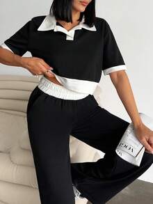 EURMUSE Women Polo Neck Top Tshirt And Contrast Belt Detailed Pant Two Pieces Set Halloween Fall Halloween Plus Size - Black and White - View 4
