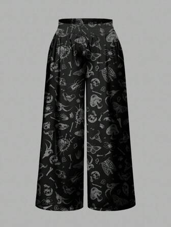 Goth Plus Size Loose Allover Print Wide Leg Pants, Halloween Fall