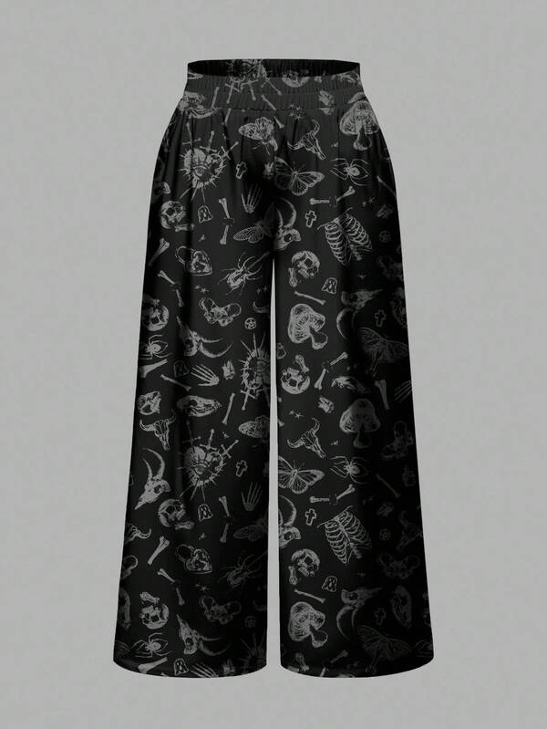 ROMWE Goth Calça Pantalona Larga com Estampa Completa, Plus Size, Halloween