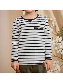Loomiva Sudadera de cuello redondo de manga larga con bloques de color a rayas para niño - Blanco - Ver 1