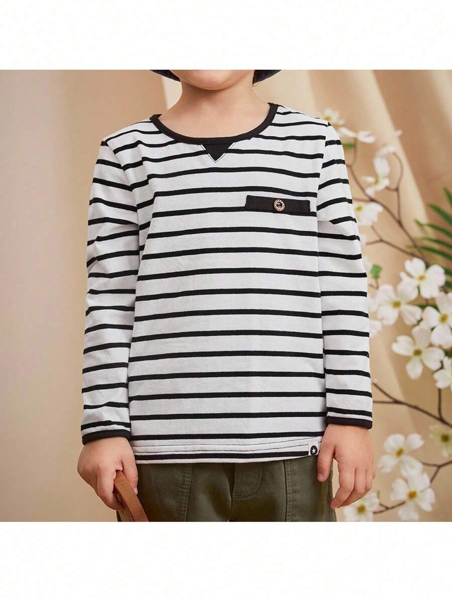Loomiva Sudadera de cuello redondo de manga larga con bloques de color a rayas para niño - Blanco - Ver 1