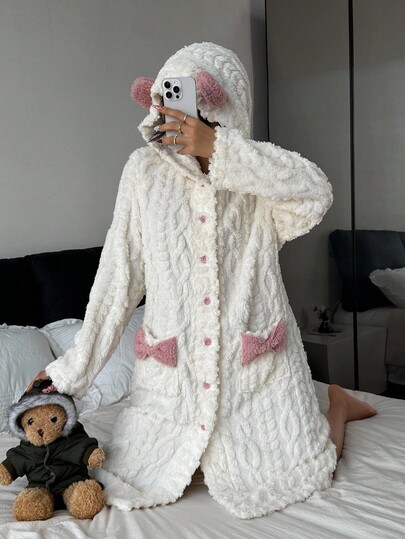 SHEIN 蝴蝶结装饰口袋连帽提花抓绒睡袍，秋冬可爱睡衣，女士连帽蓬松睡衣，秋季，舒适
