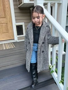 SHEIN Áo khoác dài cổ lông xù dệt kim cho bé gái, áo khoác lông cừu màu xám cho trẻ em, áo khoác lông gấu bông cho bé gái, áo khoác lông xù cho bé gái, áo khoác mùa thu đông. - Màu xám đen - Xem 5