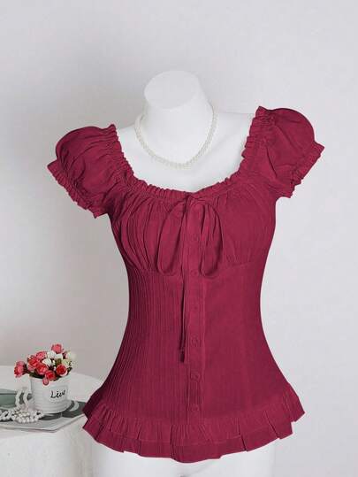 Sweetra 女式夏季纯色荷叶边下摆系带腰短袖衬衫