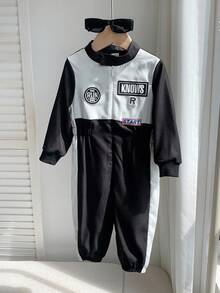 Quần liền quần thể thao thoải mái, màu sắc tương phản, phong cách phi công/tay đua, dành cho bé trai/bé gái mùa thu/đông - Đen và trắng - Xem 7