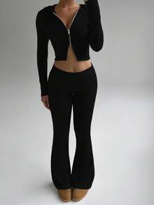 FavEase Bộ đồ thể thao thường ngày kết hợp họa tiết gân lông cừu màu be có khóa kéo và quần ống loe cổ điển dành cho nữ, tủ đồ thiết yếu tối giản, mùa xuân và mùa thu - màu đen - Xem 3