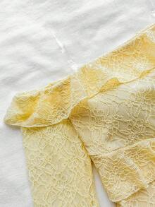 少女奶油色蕾丝露肩喇叭袖迷你连衣裙，适合派对、约会、情人节、复活节、狂欢节、下午茶、海滩、游轮、城市假日、秋冬分层穿着 - 黃色 - 查看 4